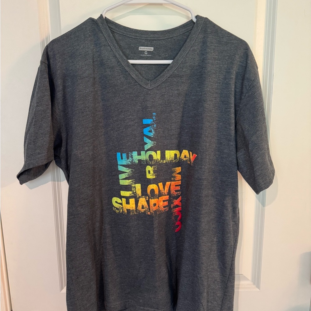 Gray V-Neck Tee with Multicolor Text